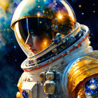 Astronaut in reflective helmet with starry cosmos and Earth-like planet