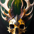 Golden skull with antlers adorned with stones, crystals, and plants on dark background