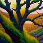 Majestic tree painting with yellow and green leaves at sunset