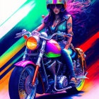 Woman in sunglasses on motorcycle with colorful helmet and vibrant neon streaks