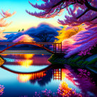 Tranquil red bridge over calm pond with cherry blossoms