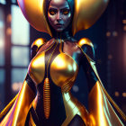 Female character in golden and black armor with wing-like shoulders and stern expression