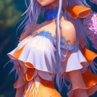 Fantasy character with purple hair and orange eyes in white dress with floral background