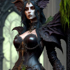 Female character with horns and dark wings in gothic attire, standing in cathedral setting.