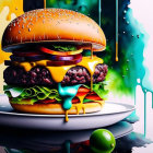 Colorful Hyper-Realistic Burger Painting on Plate