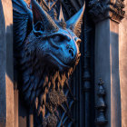 Blue Dragon Sculpture with Gold Detailing in Dark Gothic Setting