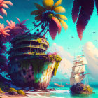 Tropical beach scene with shipwrecks and sailing ship in vibrant teal sky