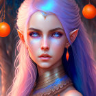 Fantasy elf with violet hair and blue eyes in twilight forest with fruit