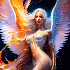 Radiant angelic figure with fiery white wings and golden arm sleeve in starry backdrop