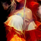 Anime-style character with silver hair, red eyes, fiery dress with orange flowers and flames