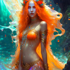 Fiery-Haired Female Figure with Radiant Crown and Mystic Aura