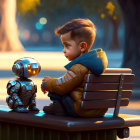 Young boy and small robot on park bench in golden sunset light