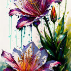 Colorful painting of purple and white lilies on white background