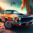 Vintage orange muscle car in surreal underwater scene with colorful coral and fish