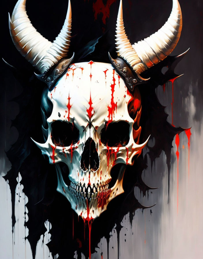 Skull with Curving Horns and Red Streaks on Dark Background