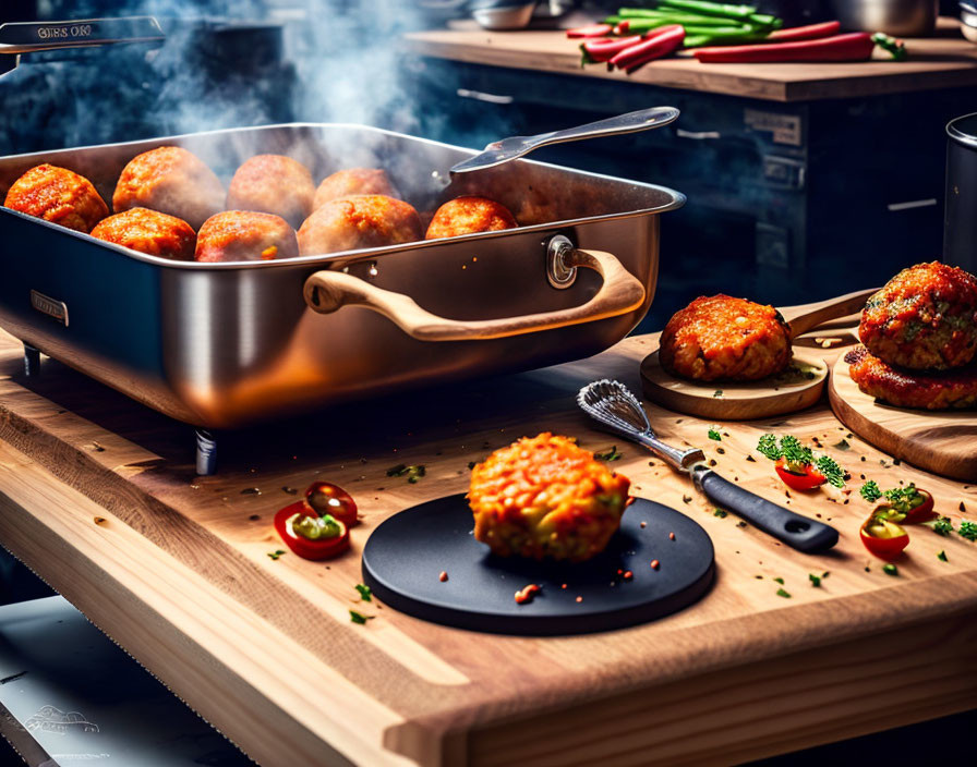 Meatballs cooked in copper pan with herbs on wooden countertop