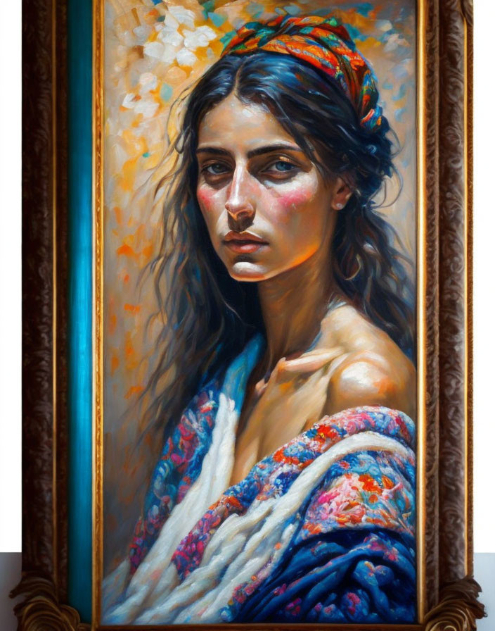 Oil portrait of woman in colorful headband, draped in blue and floral garment.