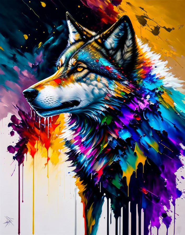 Colorful wolf art with realistic and abstract elements