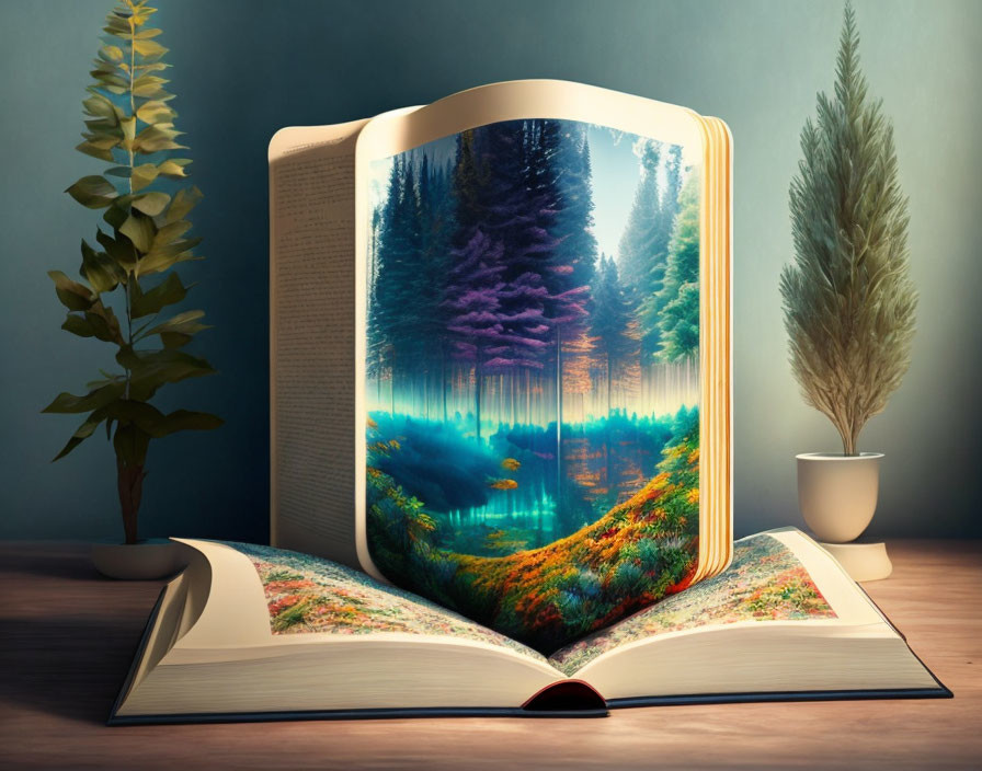 Open book with 3D forest landscape, potted plants on wooden surface.