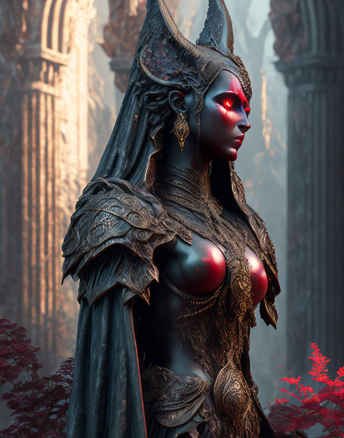 Regal figure in dark armor against red foliage backdrop
