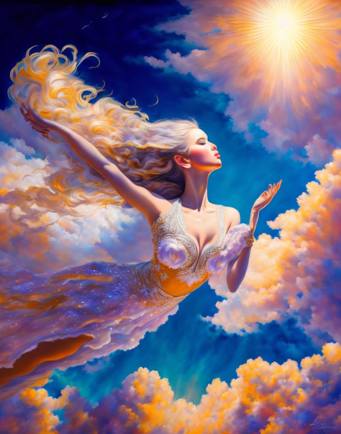 Surreal image: Woman ascending through vibrant clouds toward bright light