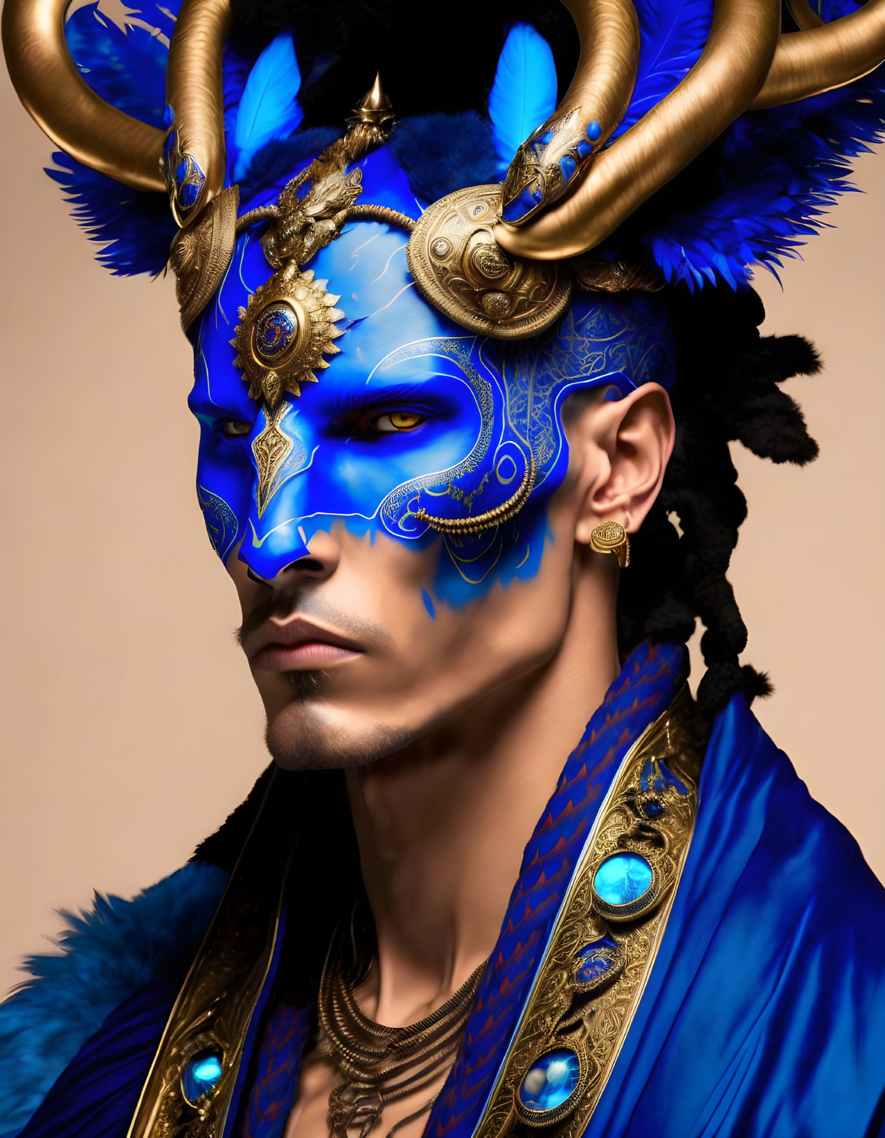 Person adorned with blue face paint, horns, gold, and feathers