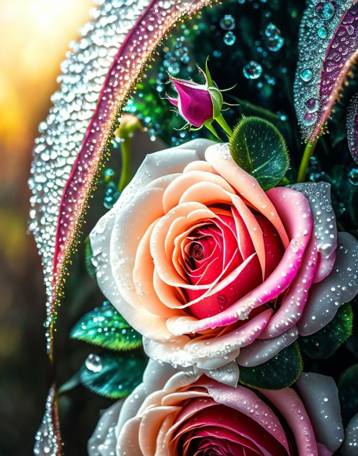 Close-up of Pink Rose with Water Droplets and Glowing Light