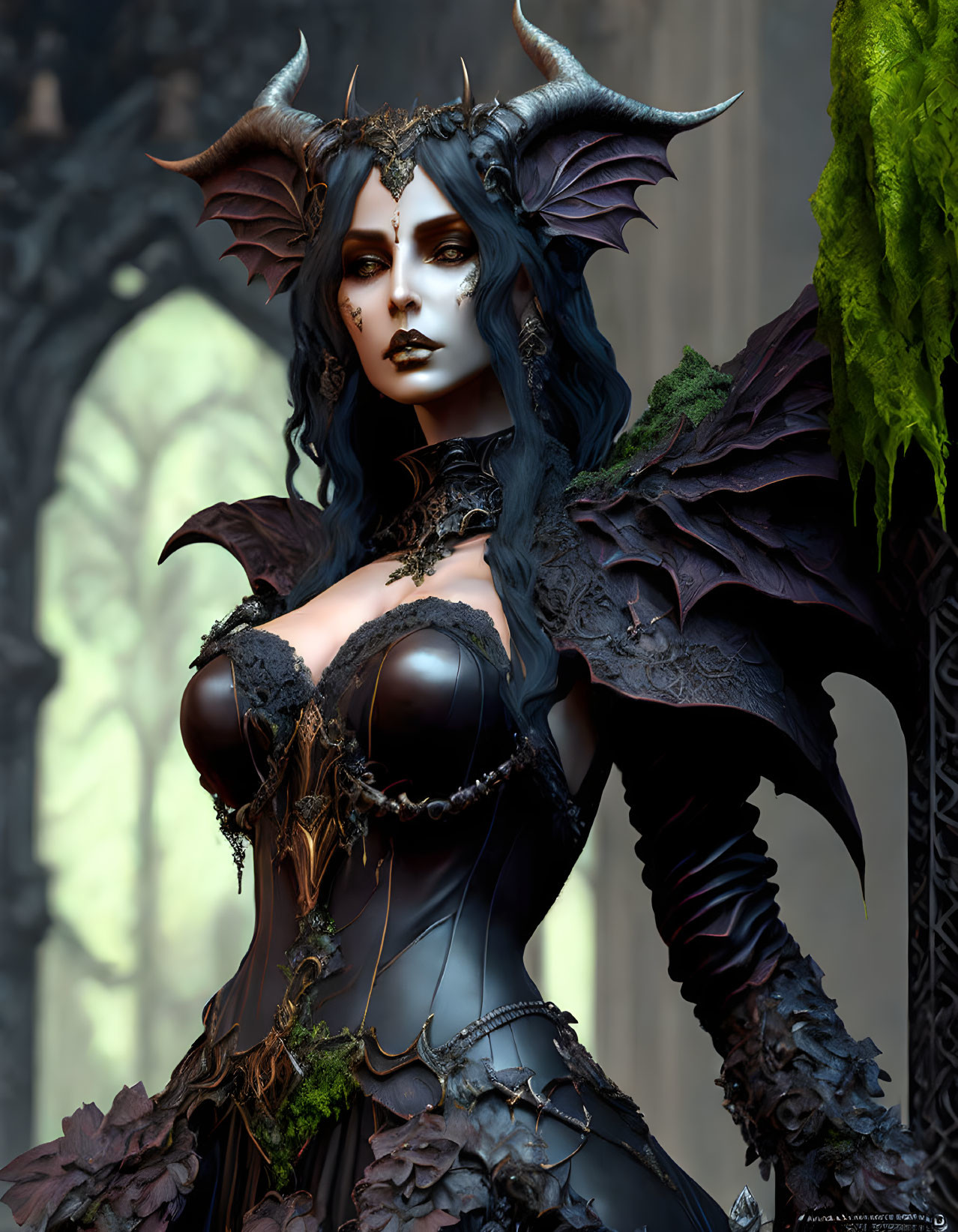 Female character with horns and dark wings in gothic attire, standing in cathedral setting.