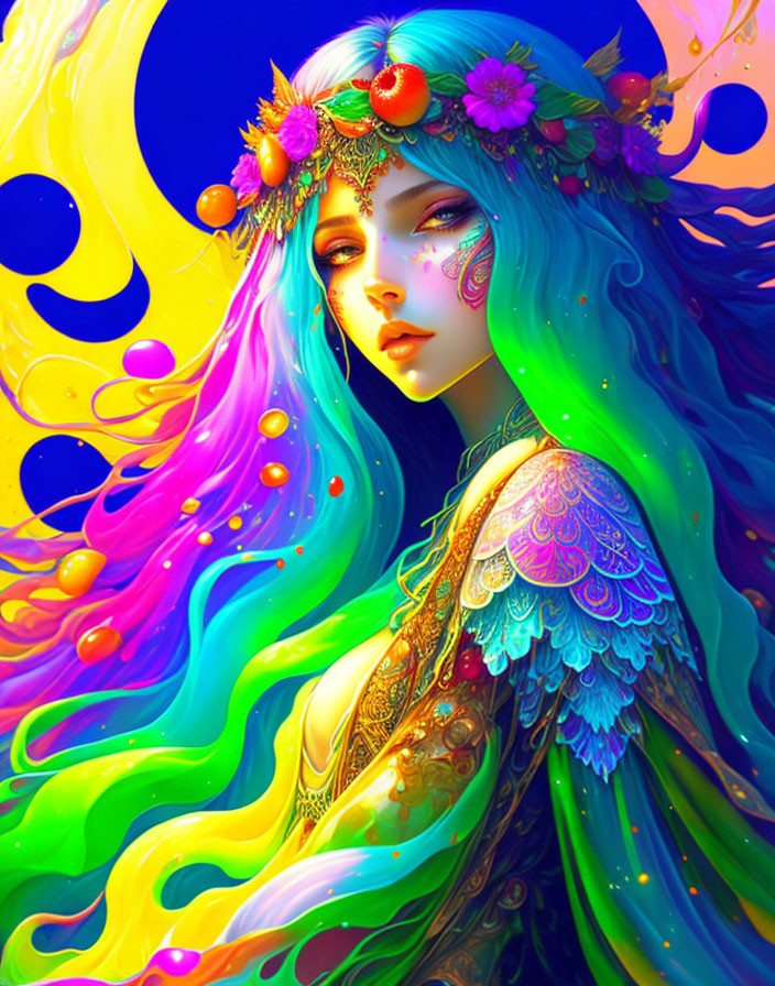 Colorful digital artwork: Woman with floral headpiece, tattoos, and shoulder armor