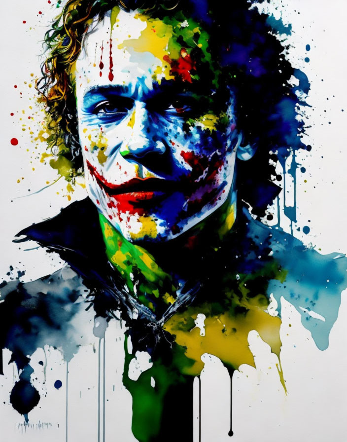 Vibrant portrait of a man with expressive eyes and abstract paint splashes