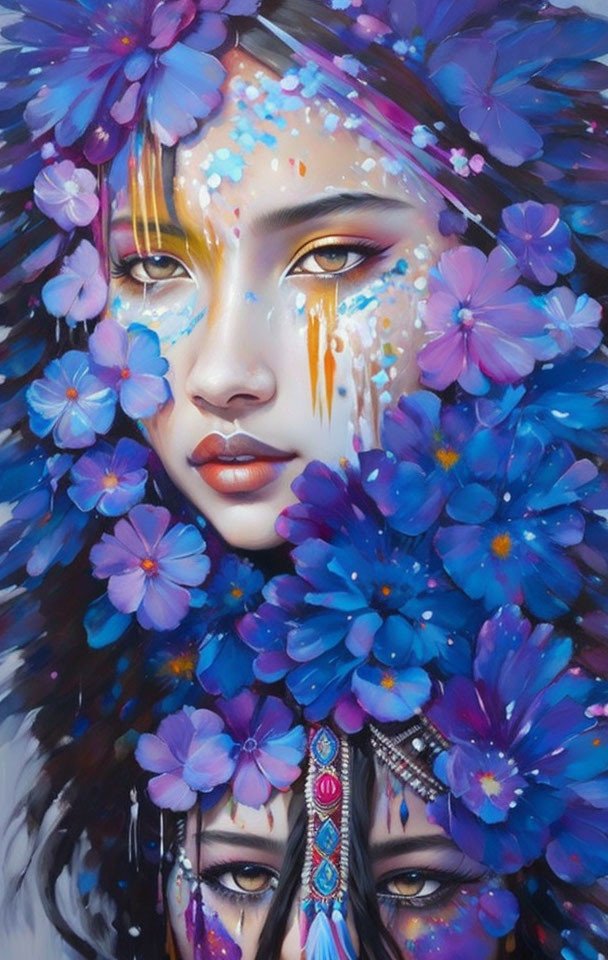 Portrait of a Woman with Blue Flowers and Star-like Splatters