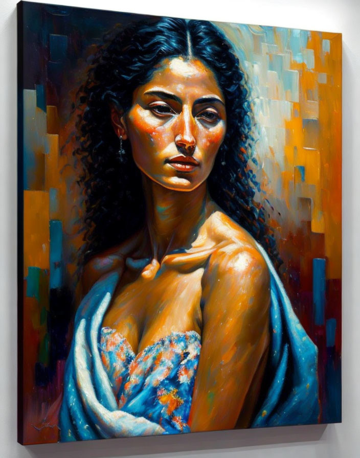 Vibrant portrait of woman with wavy hair and blue shawl in warm tones