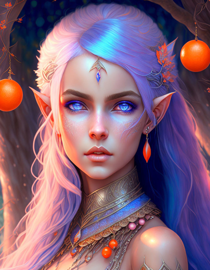 Fantasy elf with violet hair and blue eyes in twilight forest with fruit