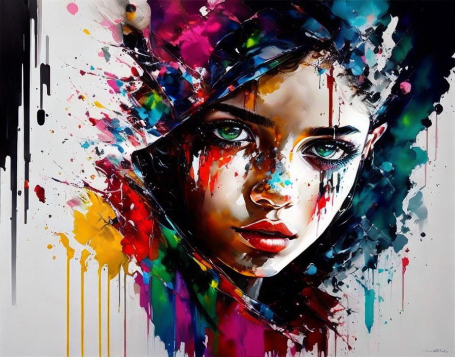 Vibrant abstract portrait of a woman with colorful paint splashes on white background