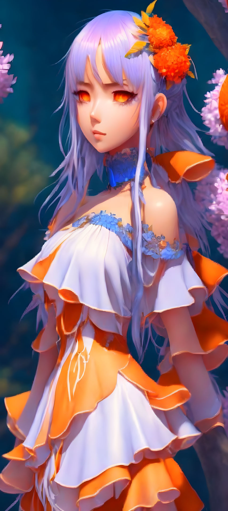 Fantasy character with purple hair and orange eyes in white dress with floral background