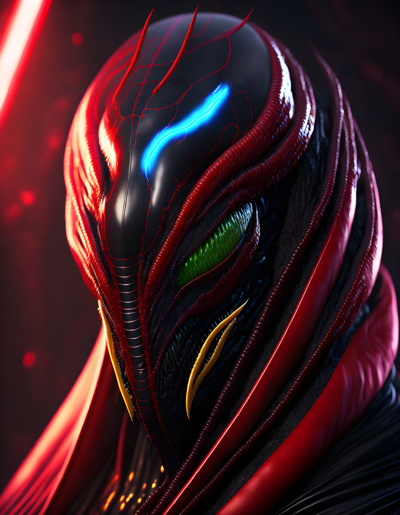 Detailed Close-up of Shiny Black Exoskeleton Alien with Green Eyes