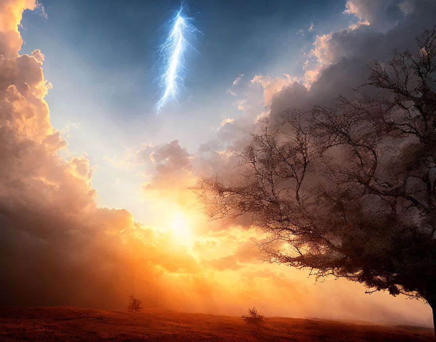 Dramatic sky with sun, lone tree silhouette, fiery glow, and lightning streak