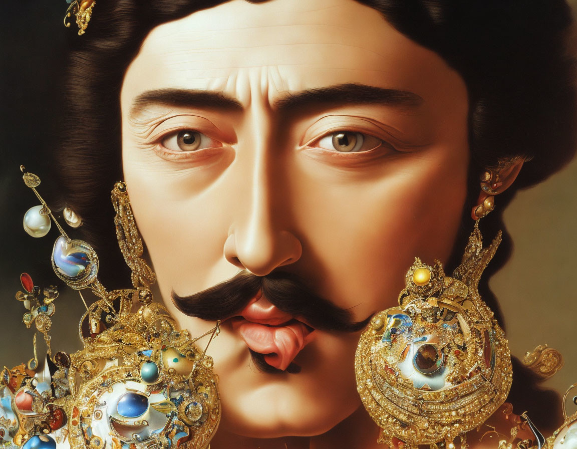 Detailed hyper-realistic portrait of regal figure with mustache and ornate jewelry.