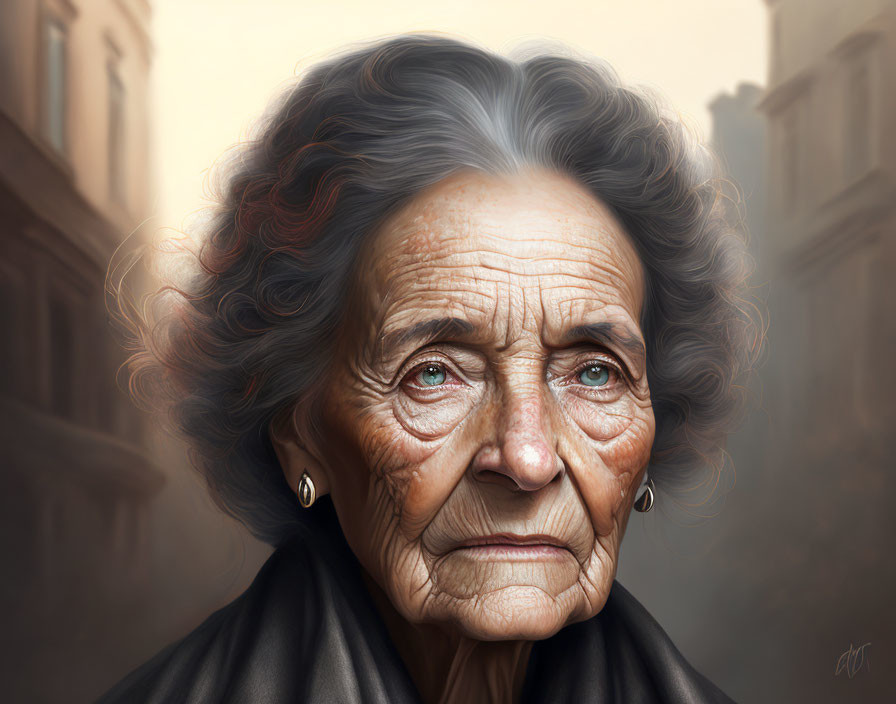 Elderly woman with deep wrinkles and blue eyes in urban setting