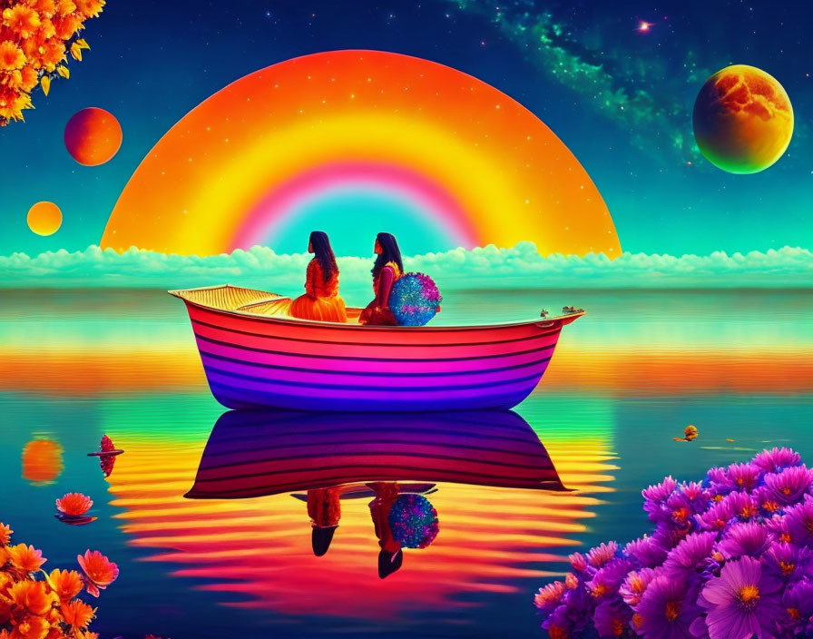 Colorful Boat with Two People on Calm Water, Cosmic Background