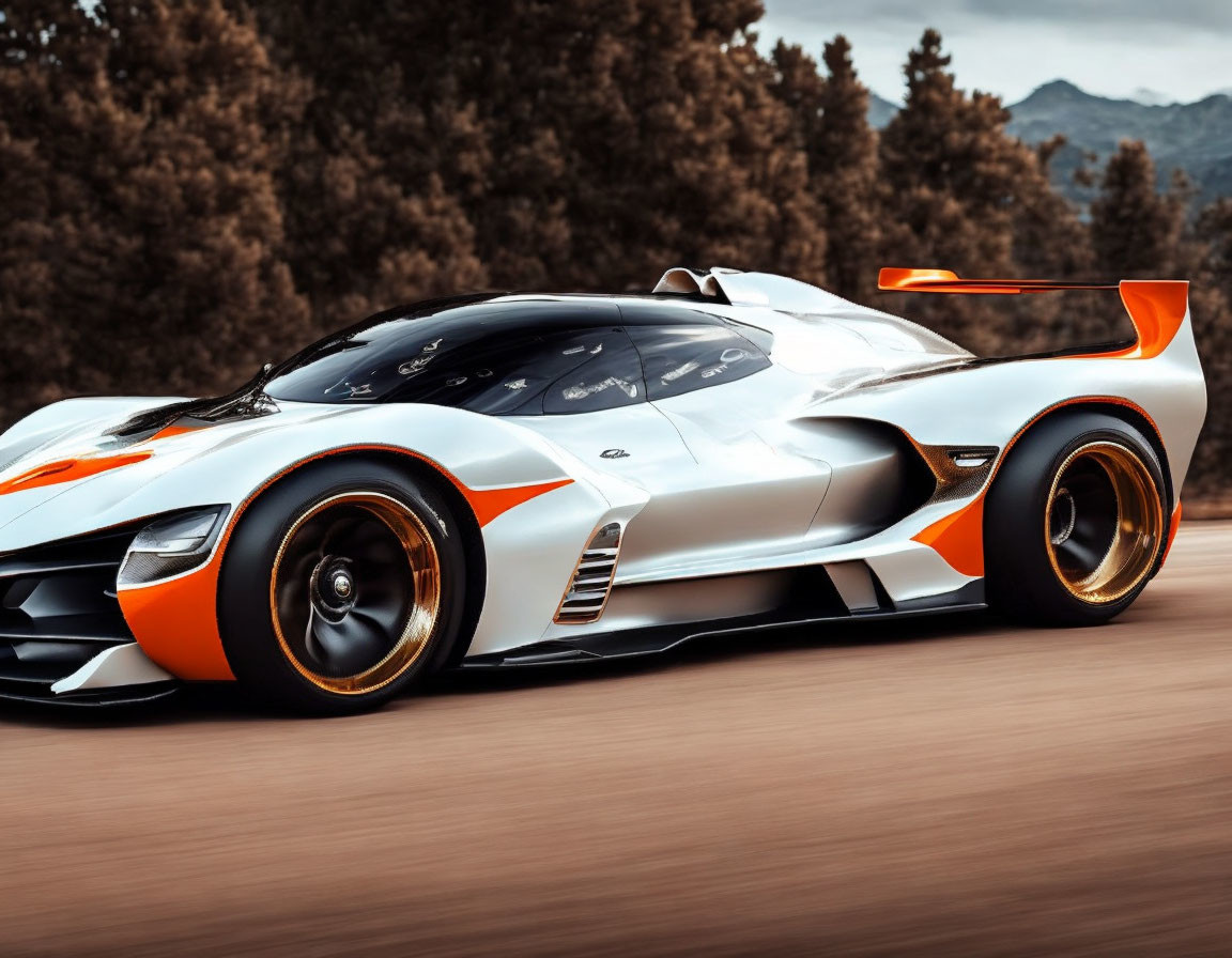 White and Orange Sports Car with Dynamic Design on Road in Forest Setting