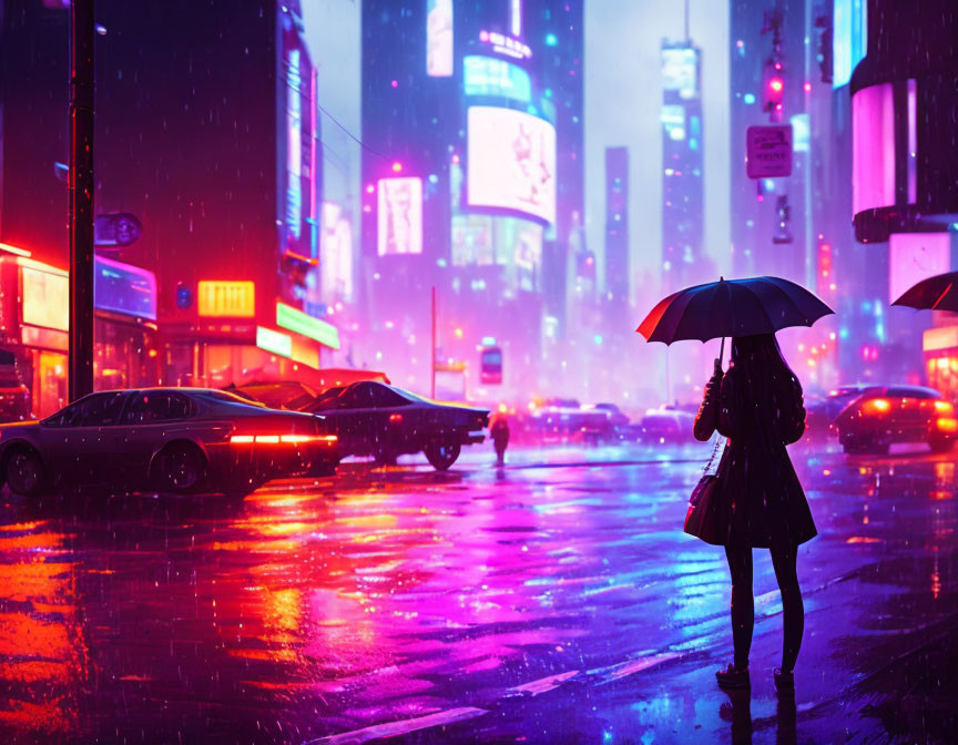 Urban night scene: person holding umbrella on wet city street with neon lights and cars