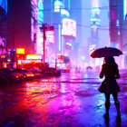 Urban night scene: person holding umbrella on wet city street with neon lights and cars