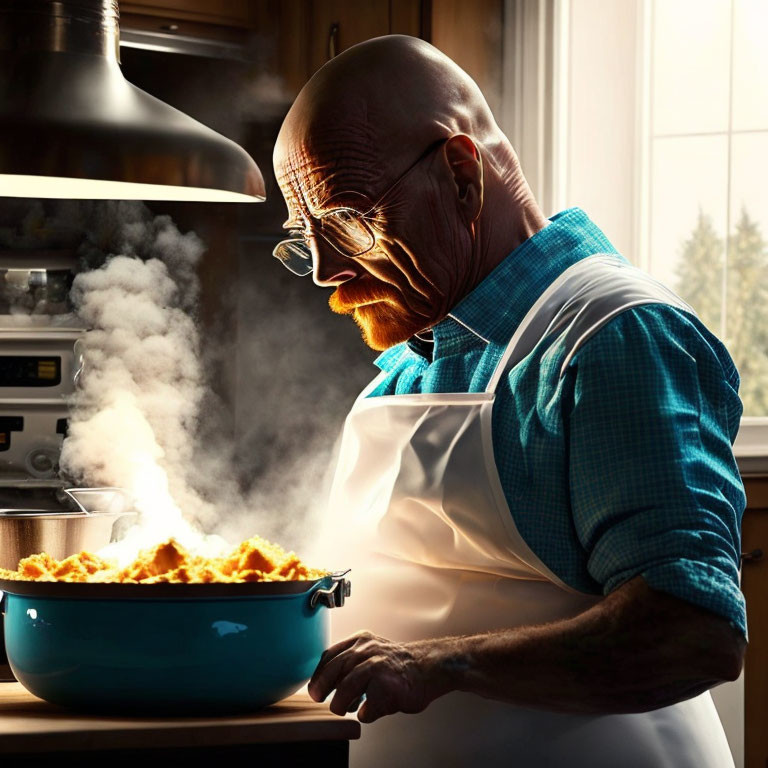 Person in glasses and apron cooking with blue pot on stove in home kitchen