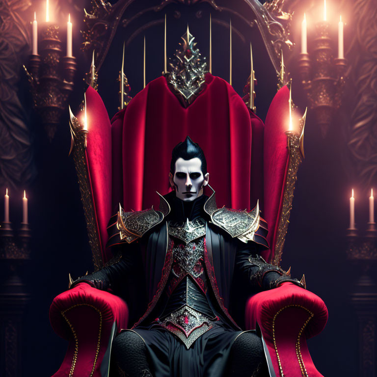 Pale figure on gothic throne with golden details and candles in luxurious setting