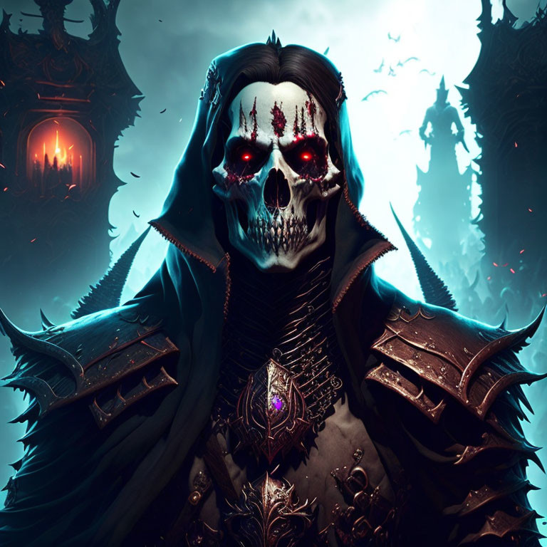 Skull-faced figure with red eyes in dark cloak and armor on gothic backdrop