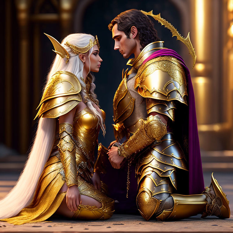 Male and female animated characters in golden armor in regal pose.