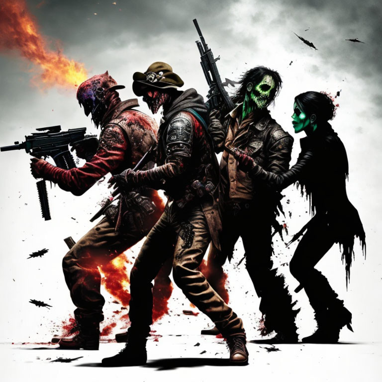 Four menacing characters with zombie-like makeup and futuristic weapons in explosive scene.