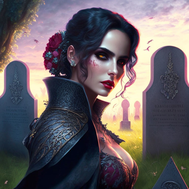 Dark-haired woman with floral adornments in fantasy portrait against tombstones and sunset sky