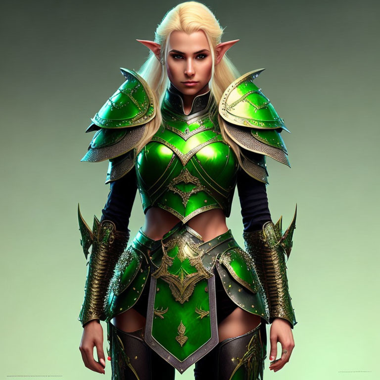 Fantasy female elf warrior with blond hair in green and black armor